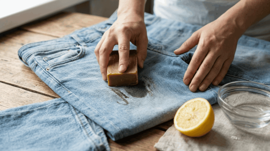 Nahaufnahme einer Hand, die einen eingetrockneten grünen Grasfleck auf einer hellblauen Jeans mit Gallseife behandelt. Auf dem Holztisch liegen weitere Hausmittel: eine aufgeschnittene Zitrone und eine Schale mit Essigwasser. Natürliches Tageslicht beleuchtet die Szene.