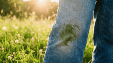 Grüner Grasfleck auf blauer Jeans wird mit Gallseife behandelt – Hausmittel zur Fleckenentfernung