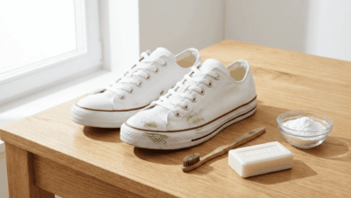 Weiße Sneaker mit grünem Grasfleck neben Hausmitteln wie Zahnbürste, Gallseife und Backpulver zur Fleckentfernung