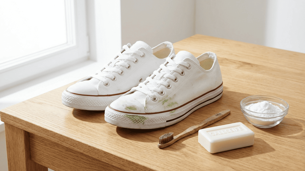 Weiße Sneaker mit grünem Grasfleck neben Hausmitteln wie Zahnbürste, Gallseife und Backpulver zur Fleckentfernung