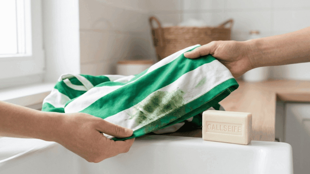 H&auml;nde behandeln einen gr&uuml;nen Grasfleck auf einem wei&szlig;en Fu&szlig;balltrikot mit Gallseife