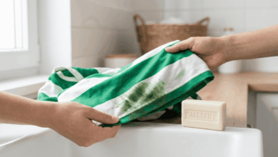 Hände behandeln einen grünen Grasfleck auf einem weißen Fußballtrikot mit Gallseife