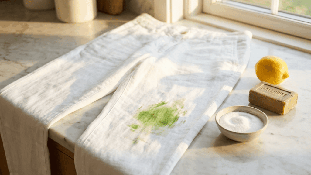 Gr&uuml;ner Grasfleck auf wei&szlig;er Stoffhose wird mit Gallseife behandelt, daneben liegen eine aufgeschnittene Zitrone und Backpulver als Hausmittel.