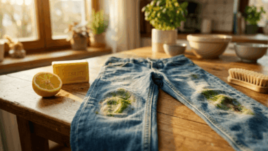 Blaue Jeans mit grünem Grasfleck am Knie liegt auf einer Arbeitsplatte, daneben Gallseife, Zitrone und Essig als Hausmittel zur Fleckentfernung.