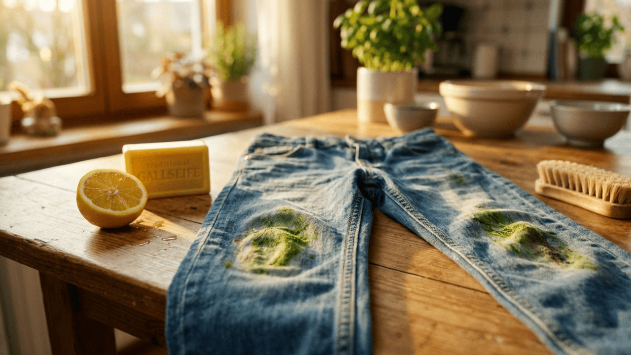 Blaue Jeans mit grünem Grasfleck am Knie liegt auf einer Arbeitsplatte, daneben Gallseife, Zitrone und Essig als Hausmittel zur Fleckentfernung.