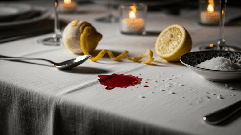 Ein frischer Rotweinfleck auf einer wei&szlig;en Leinentischdecke in einer festlichen Tischdekoration mit Kerzenschein und Hausmitteln.
