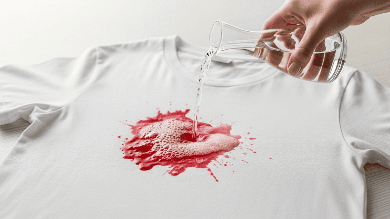 Frischer Rotweinfleck auf einem weißen T-Shirt wird mit Weißwein oder Mineralwasser zur Vorbehandlung begossen.