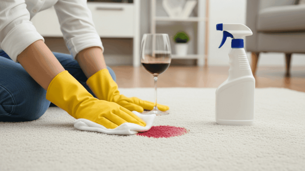 Rotweinfleck, der aus einem Teppich mit einem Reinigungsmittel und Scheuerlappen getuppft wird. Dabei werden gelbe Hanschuhe angezogen, um die Haut vor dem Reinigungsmittel zu sch&uuml;tzen.