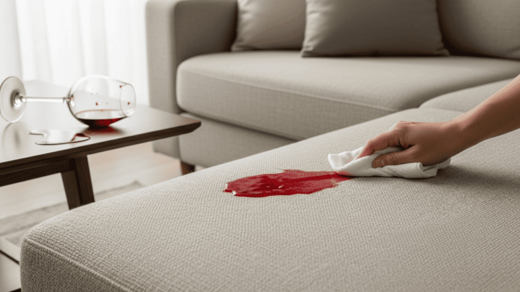 Entfernung eines Rotweinflecks von einem hellen Stoffsofa durch vorsichtiges Abtupfen mit einem Mikrofasertuch.