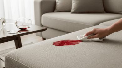 Entfernung eines Rotweinflecks von einem hellen Stoffsofa durch vorsichtiges Abtupfen mit einem Mikrofasertuch.