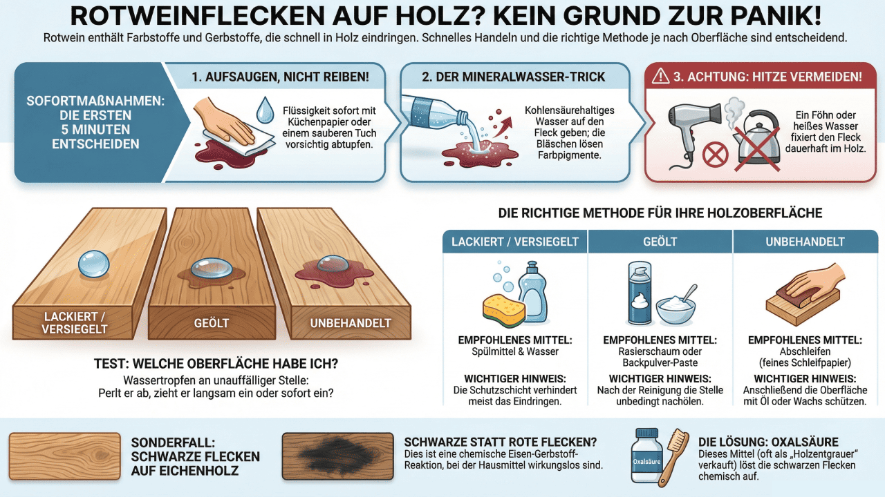 Rotweinflecken auf Holz entfernen