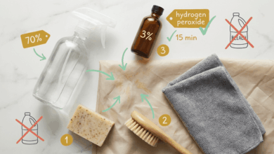 Stockflecken auf Outdoor-Stoffen entfernen – Flat-Lay der empfohlenen Mittel: (1) Sprühflasche mit 70 % Alkohollösung, (2) Seife und Holzbürste, (3) Wasserstoffperoxid 3 % mit 15 Minuten Einwirkzeit, dazu Mikrofasertuch. Bleiche und unverdünnter Reiniger sind als ungeeignet durchgestrichen.