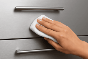 Edelstahl-Griffe an Küchenfront werden gereinigt