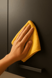 Mikrofasertuch wischt sanft über matte Küchenfront