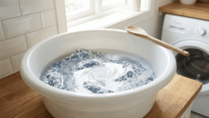 Bettw&auml;sche mit eingetrockneten Blutflecken wird in einer Sch&uuml;ssel mit Salzwasser eingeweicht.