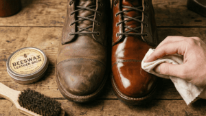 Ein Lederschuh im Vorher-Nachher-Vergleich: Eine Seite ist matt gereinigt, die andere gl&auml;nzt frisch poliert durch Lederbalsam.