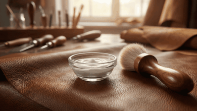 Hochwertiges braunes Glattleder mit Reinigungsutensilien wie Bürste und Paste zur Fleckenentfernung.