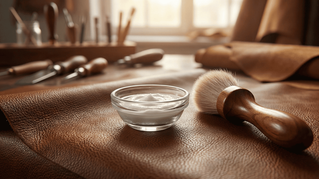 Hochwertiges braunes Glattleder mit Reinigungsutensilien wie Bürste und Paste zur Fleckenentfernung.