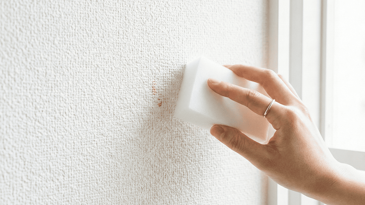 Reinigung einer weißen Rauhfasertapete mit einem Schmutzradierer zur Entfernung von Blutflecken.