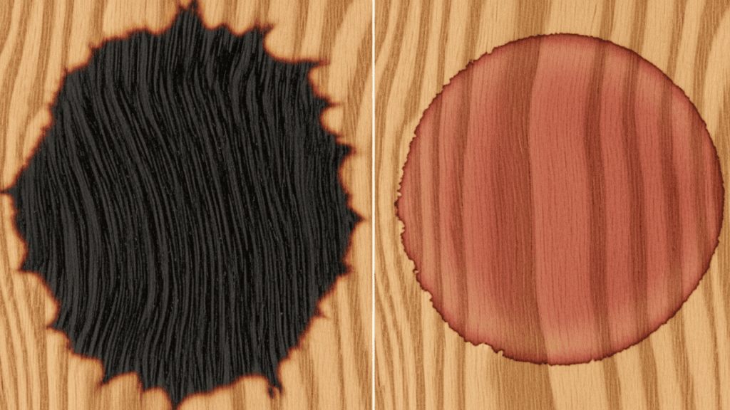 Schwarze Flecken auf Eichenholz durch eine chemische Eisen-Gerbstoff-Reaktion mit Rotwein.