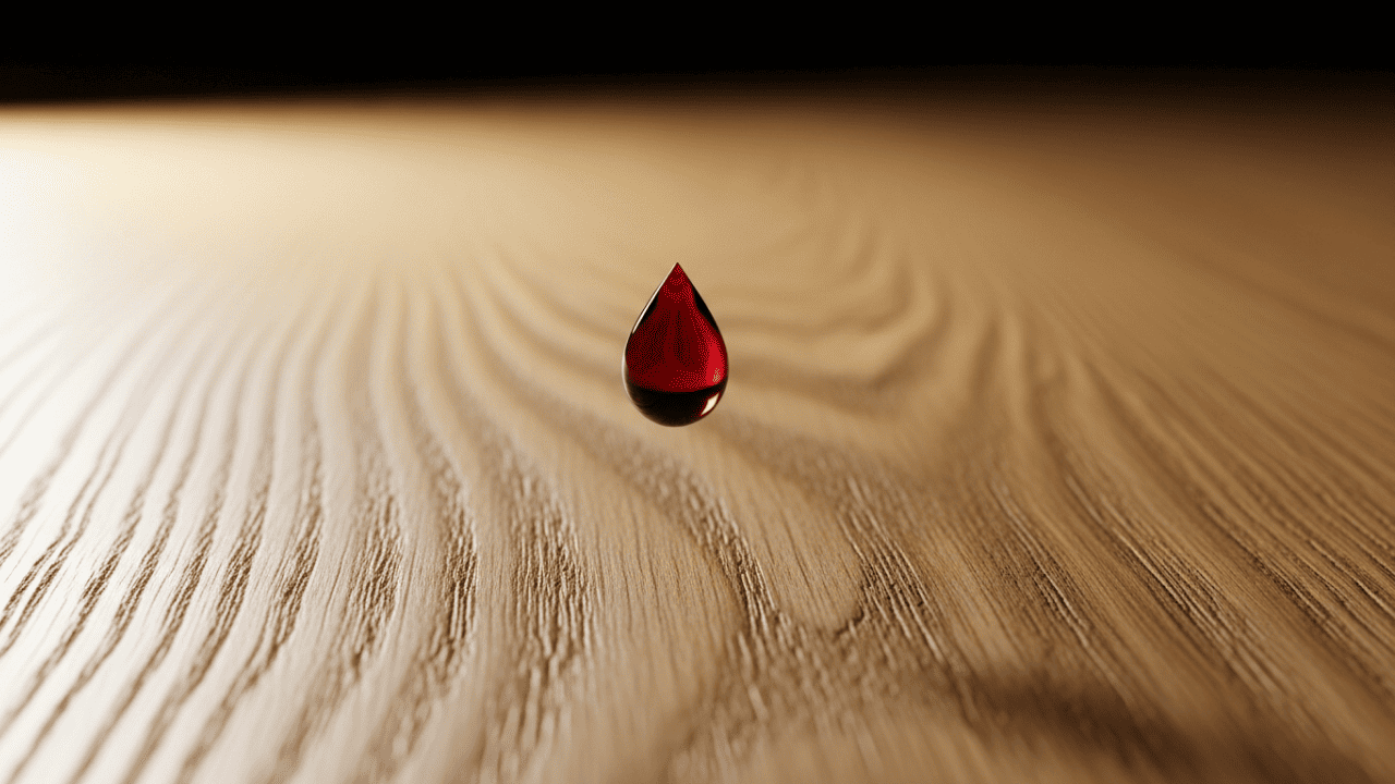 Rotweinflecken auf Holz entfernen: Ein Tropfen Rotwein fällt auf einen hellen Eichentisch.