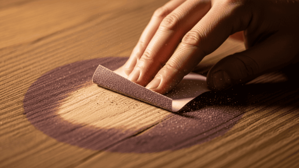 Eingetrocknete Rotweinflecken von einem Massivholztisch mit feinem Schleifpapier entfernen.