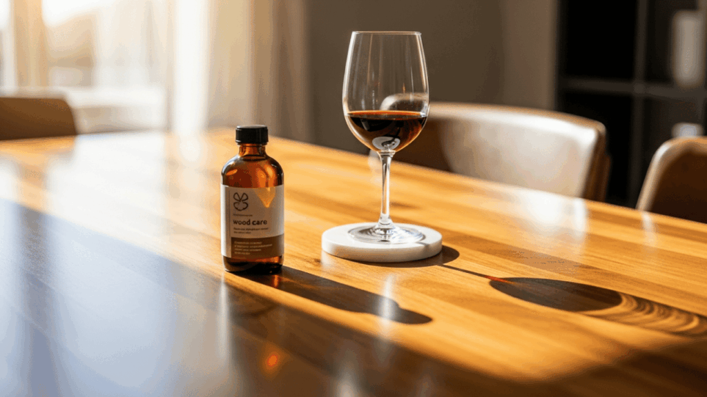 Gepflegter Holztisch mit Untersetzer zur Vorbeugung von Rotweinflecken auf Holz.