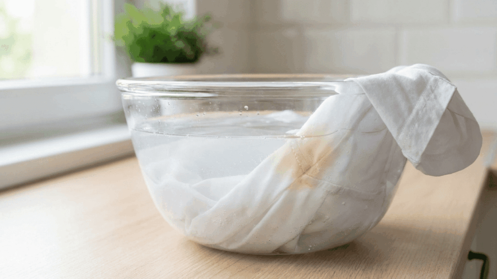 Wei&szlig;es Kleidungsst&uuml;ck mit eingetrocknetem Schwei&szlig;fleck eingeweicht in einer Glassch&uuml;ssel mit Wasser &ndash; Methode zum L&ouml;sen alter Schwei&szlig;flecken