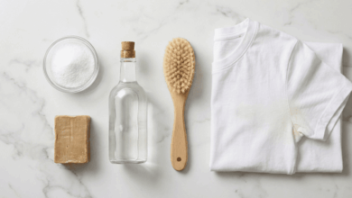 Weißes T-Shirt neben Natron, Essig, Holzbürste und Gallseife auf einer Marmoroberfläche – Hausmittel gegen gelbe Schweißflecken