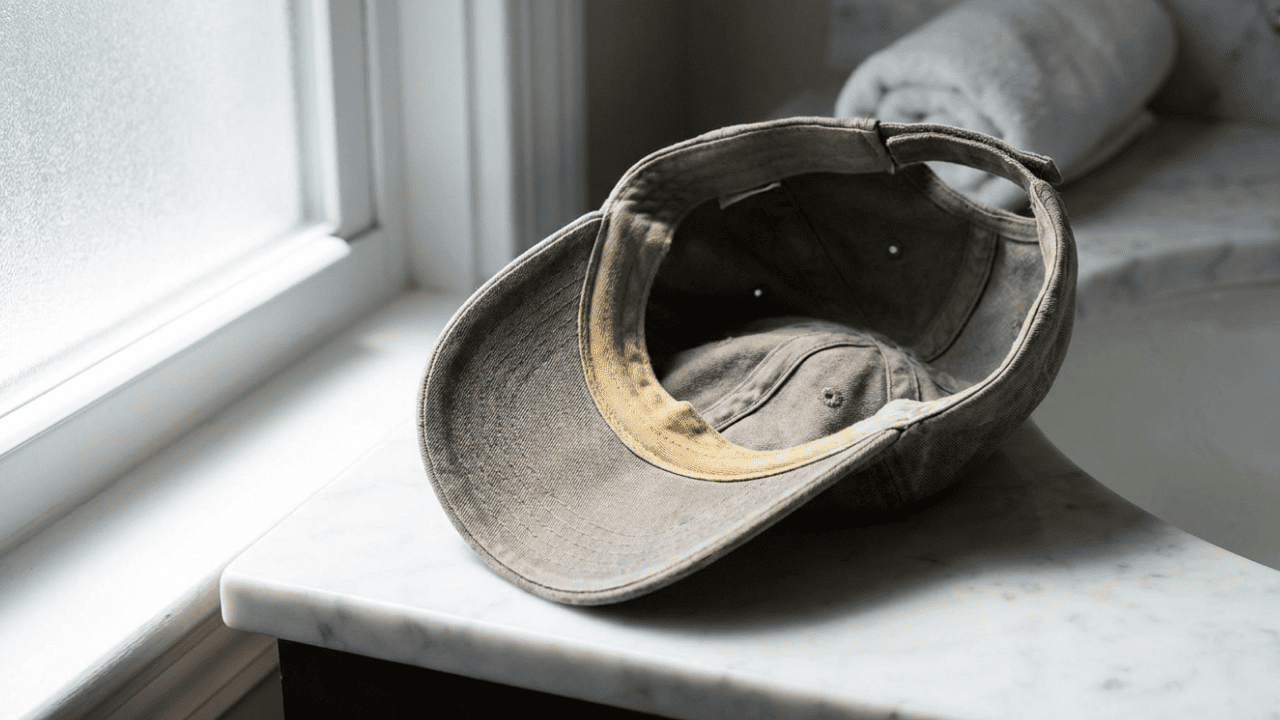 Basecap mit sichtbarem gelbem Schweißrand am Stirnband liegt umgedreht auf einer Marmorablage – typischer Schweißfleck an einer Kappe