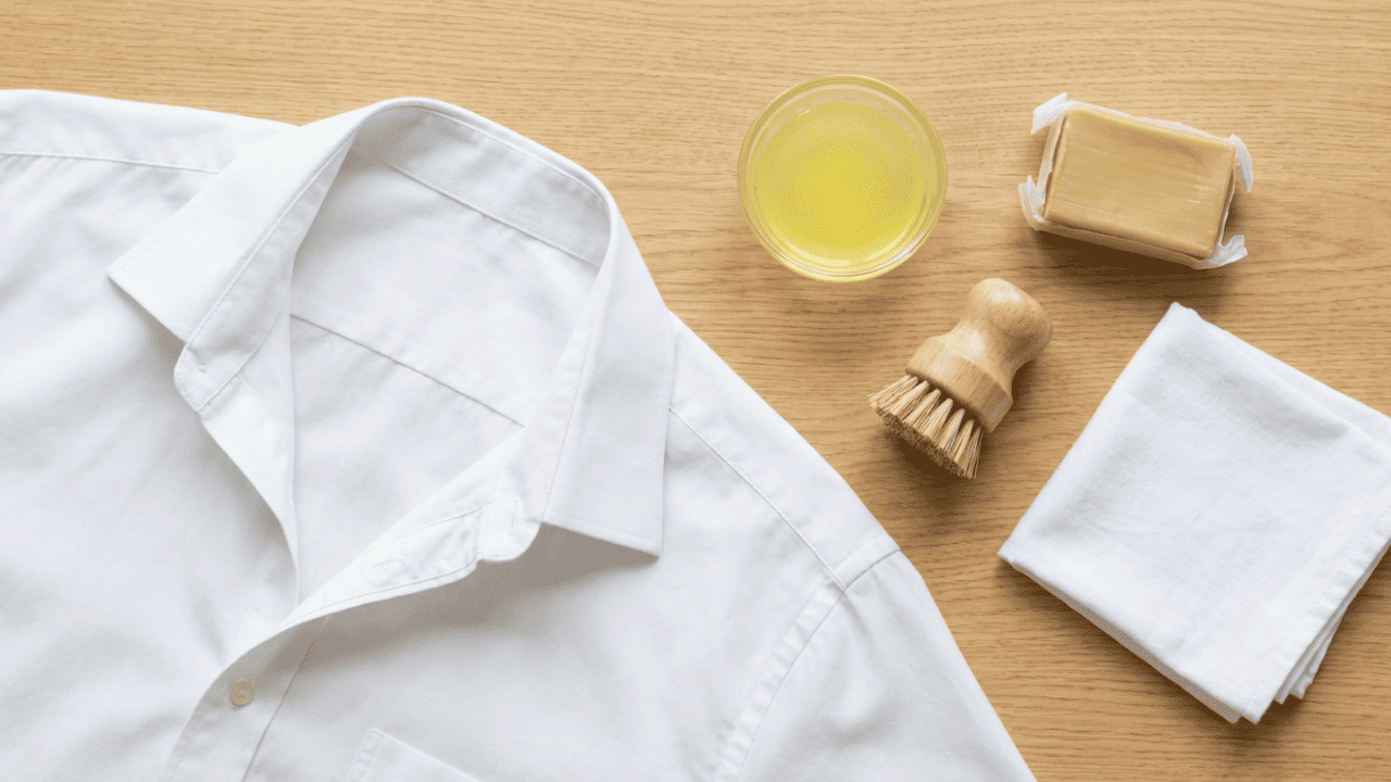 Weißes Business-Hemd neben Gallseife, Zitronensaft, Bürste und Tuch auf einem Holztisch – Hausmittel zur Schweißfleckenentfernung aus Hemden