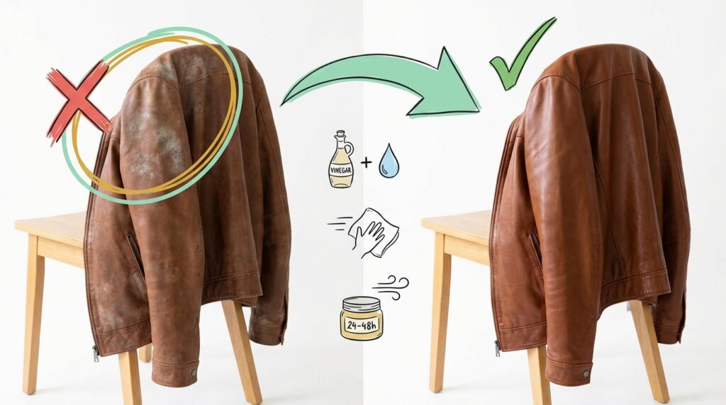 Stockflecken auf Lederjacke entfernen mit Essigwasser – Vorher-Nachher-Vergleich: Links braune Lederjacke mit Stockflecken, rechts dasselbe Leder nach Behandlung mit Essig-Wasser-Mischung, Abreiben mit Tuch und 24–48 Stunden Einwirkzeit mit Lederpflege.