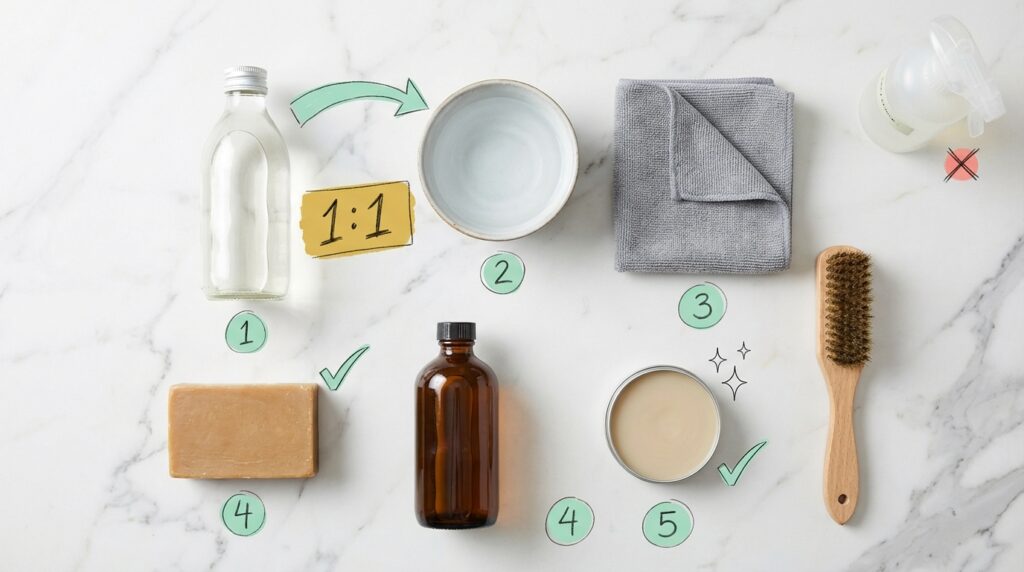 Stockflecken auf Leder entfernen mit Isopropanol oder Spiritus – Flat-Lay aller benötigten Mittel: Spiritus im Verhältnis 1:1 mit Wasser mischen, Mikrofasertuch, Sattlerseife, Isopropanol-Flasche, Lederpflege-Balsam und Bürste. Sprühflasche mit Reiniger ist als ungeeignet markiert.