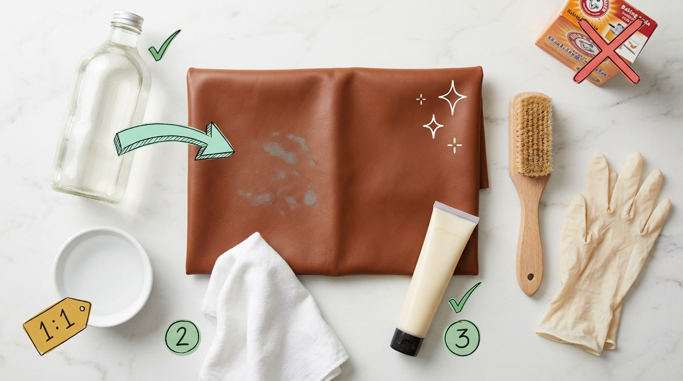 Stockflecken auf Leder entfernen – Übersicht der empfohlenen Mittel: Essigwasser im Verhältnis 1:1, weiches Tuch, Lederpflegecreme und Bürste. Backpulver ist durchgestrichen, da es Leder beschädigt.