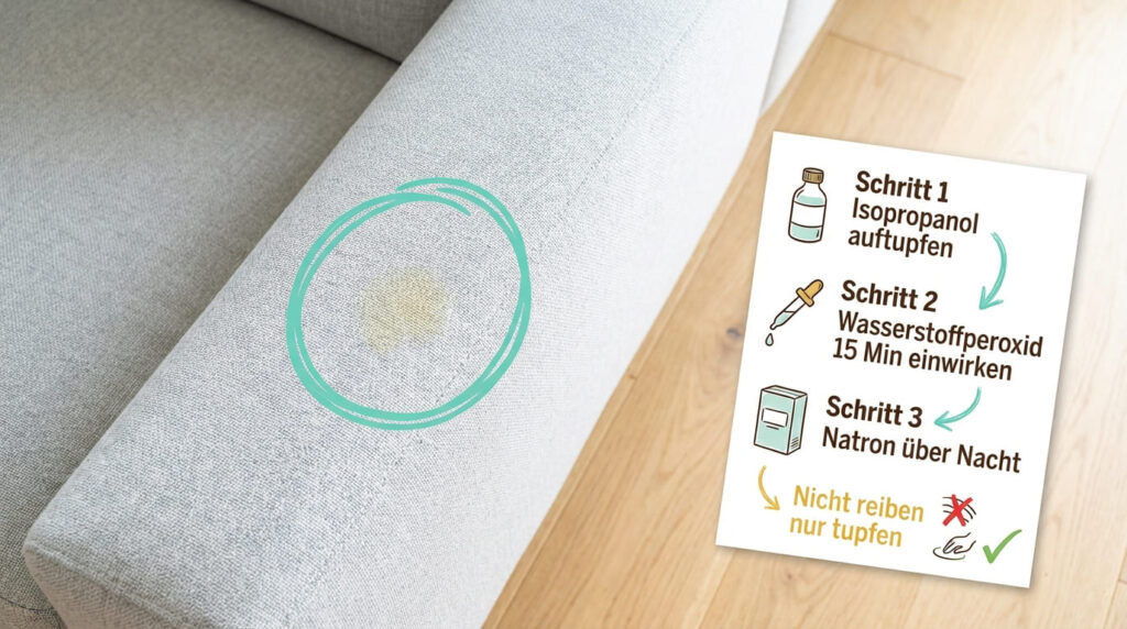 Stockflecken auf dem Sofa entfernen – Kurzanleitung in 3 Schritten: Schritt 1 Isopropanol auftupfen, Schritt 2 Wasserstoffperoxid 15 Minuten einwirken lassen, Schritt 3 Natron über Nacht. Hinweis: Nicht reiben, nur tupfen. Mintgrüner Kreis markiert den Stockfleck auf hellem Polsterstoff.