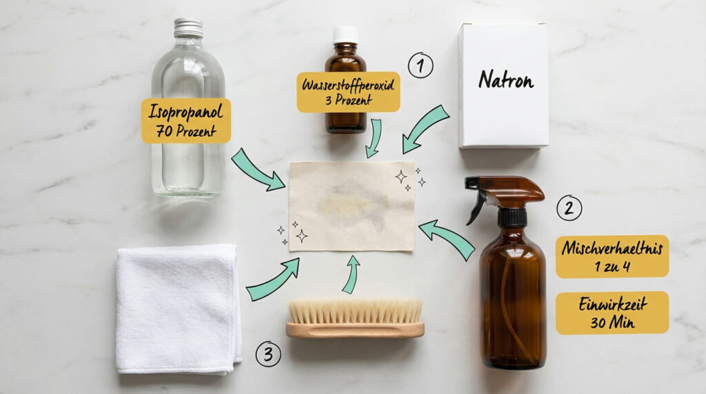 Stockflecken aus nicht waschbaren Textilien entfernen – Flat-Lay aller Mittel: (1) Wasserstoffperoxid 3 %, Natron, (2) Sprühflasche mit Mischverhältnis 1:4 und 30 Minuten Einwirkzeit, (3) Isopropanol 70 %, Bürste und weißes Tuch. In der Mitte ein Stoffstück mit Stockflecken.