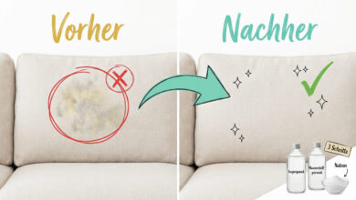 Stockflecken aus nicht waschbaren Textilien entfernen – Vorher-Nachher-Vergleich auf hellem Sofa: Links Polster mit Stockflecken (rotes X), rechts sauberer Stoff nach Behandlung (grüner Haken). Drei Schritte mit Isopropanol, Wasserstoffperoxid und Natron.