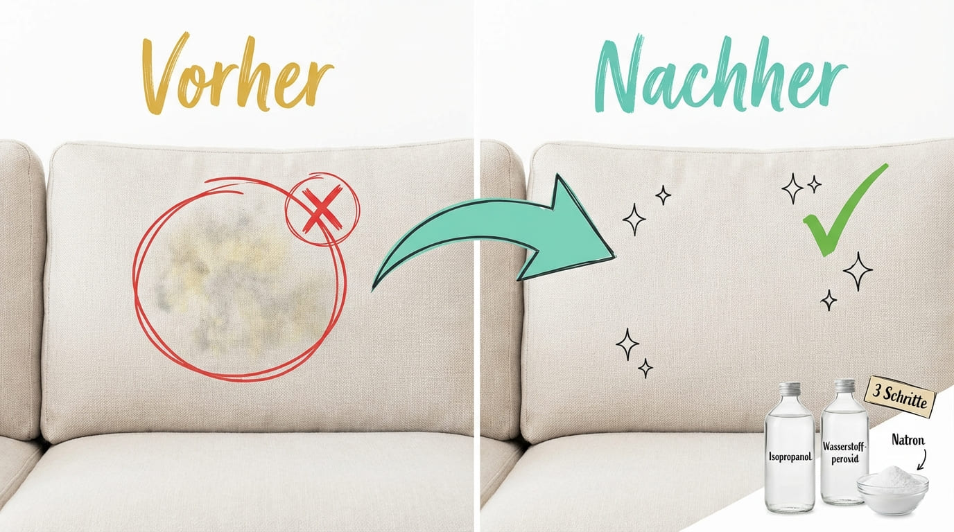 Stockflecken aus nicht waschbaren Textilien entfernen – Vorher-Nachher-Vergleich auf hellem Sofa: Links Polster mit Stockflecken (rotes X), rechts sauberer Stoff nach Behandlung (grüner Haken). Drei Schritte mit Isopropanol, Wasserstoffperoxid und Natron.