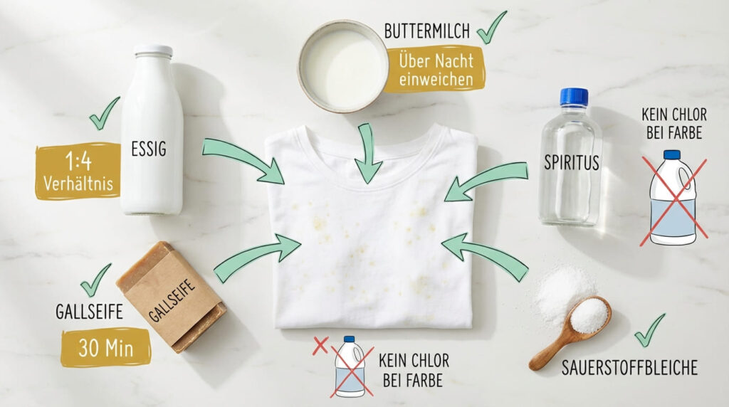 Stockflecken aus Kleidung entfernen &ndash; &Uuml;bersicht aller Hausmittel: Essig (1:4 Verh&auml;ltnis), Buttermilch (&uuml;ber Nacht einweichen), Gallseife (30 Min.), Spiritus, Sauerstoffbleiche. Kein Chlor bei farbigen Textilien. In der Mitte ein wei&szlig;es T-Shirt mit hellen Stockflecken.