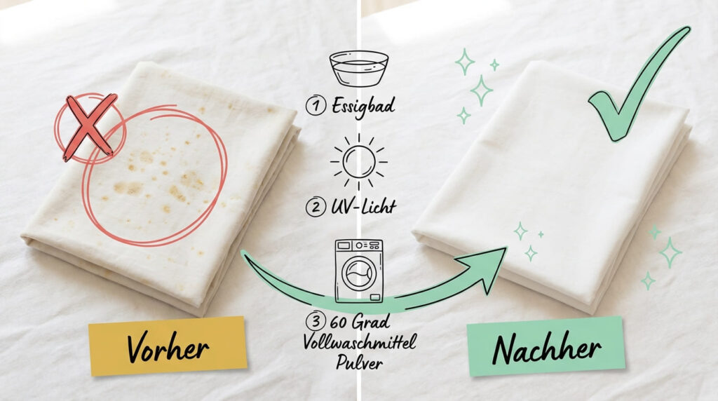 Stockflecken aus Stoff und Kleidung entfernen &ndash; Vorher-Nachher-Vergleich: Links wei&szlig;er Stoff mit braunen Stockflecken (rotes X), rechts sauberer Stoff nach Behandlung (gr&uuml;ner Haken). Drei Schritte: (1) Essigbad, (2) UV-Licht, (3) Waschmaschine bei 60 Grad mit Vollwaschmittel Pulver.