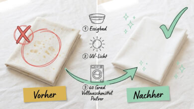 Stockflecken aus Stoff und Kleidung entfernen – Vorher-Nachher-Vergleich: Links weißer Stoff mit braunen Stockflecken (rotes X), rechts sauberer Stoff nach Behandlung (grüner Haken). Drei Schritte: (1) Essigbad, (2) UV-Licht, (3) Waschmaschine bei 60 Grad mit Vollwaschmittel Pulver.
