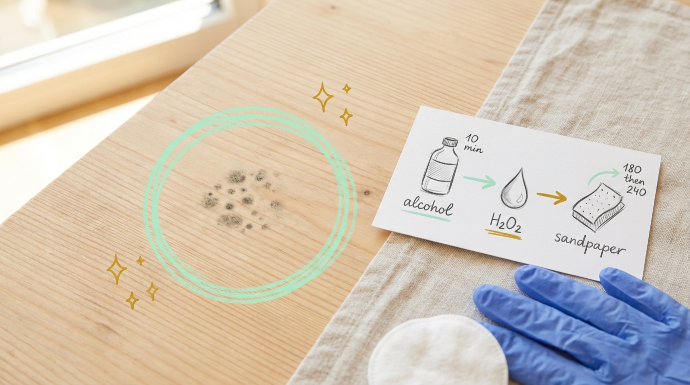 Stockflecken auf Holz entfernen – Holzbrett mit schwarzen Stockflecken, daneben illustrierte Anleitung: Alkohol auftragen (10 Min. Einwirkzeit), dann Wasserstoffperoxid (H₂O₂), anschließend mit Schleifpapier nachschleifen (Körnung 180, dann 240). Schutzhandschuhe und Wattepad bereitgelegt.