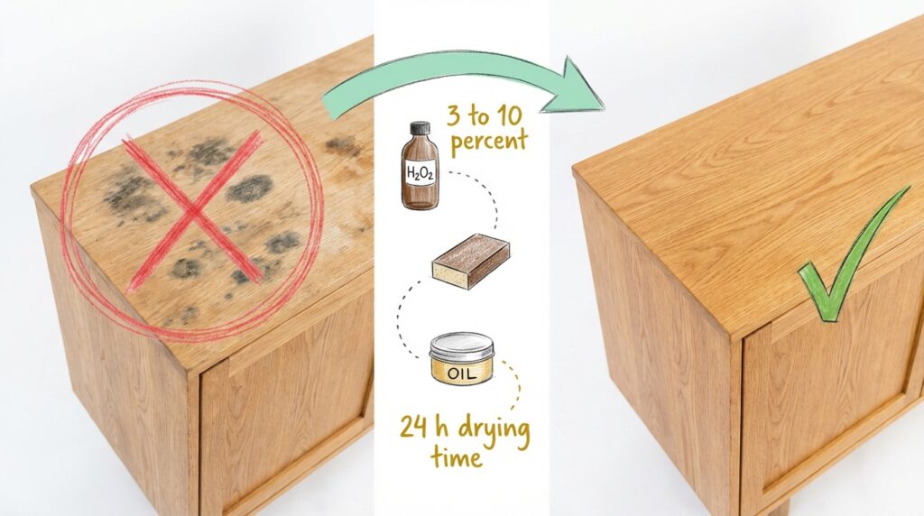 Stockflecken auf Holzm&ouml;bel entfernen mit Wasserstoffperoxid &ndash; Vorher-Nachher-Vergleich: Links Holzkommode mit schwarzen Stockflecken (rotes X), rechts saubere Oberfl&auml;che nach Behandlung (gr&uuml;ner Haken). Methode: H₂O₂ (3&ndash;10 %), Schleifpapier, Holz&ouml;l auftragen, 24 Stunden Trockenzeit.