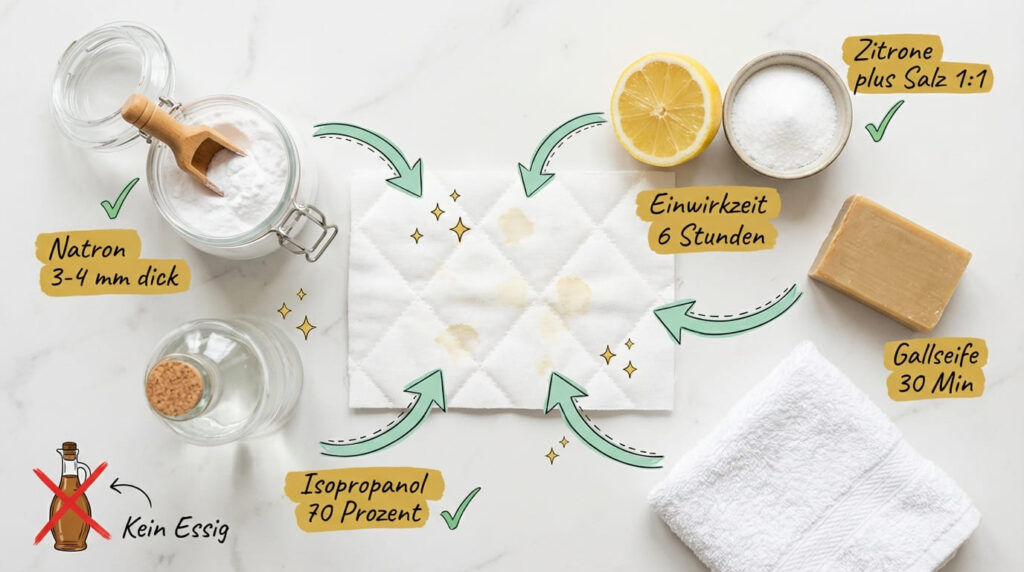 Stockflecken auf der Matratze entfernen &ndash; Flat-Lay aller Hausmittel: Natron (3&ndash;4 mm dick auftragen), Zitrone plus Salz im Verh&auml;ltnis 1:1, Gallseife (30 Min. Einwirkzeit), Isopropanol 70 % und wei&szlig;es Tuch. Einwirkzeit insgesamt 6 Stunden. Essig ist als ungeeignet durchgestrichen.