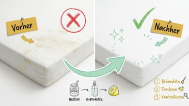 Stockflecken auf Matratze entfernen – Vorher-Nachher-Vergleich: Links Matratze mit braunen Stockflecken (rotes X), rechts saubere Matratze nach Behandlung (grüner Haken). Methode: Natron, Isopropanol und Zitrone. Drei Schritte: Behandeln, Trocknen, Kontrollieren.
