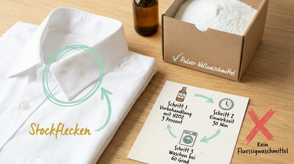 Stockflecken auf wei&szlig;em Hemd entfernen &ndash; gefaltetes Hemd mit Stockflecken am Kragen, daneben Pulver-Vollwaschmittel und Wasserstoffperoxid. Anleitung: Schritt 1 Vorbehandlung mit H₂O₂ 3 %, Schritt 2 Einwirkzeit 30 Min., Schritt 3 Waschen bei 60 Grad. Kein Fl&uuml;ssigwaschmittel verwenden.