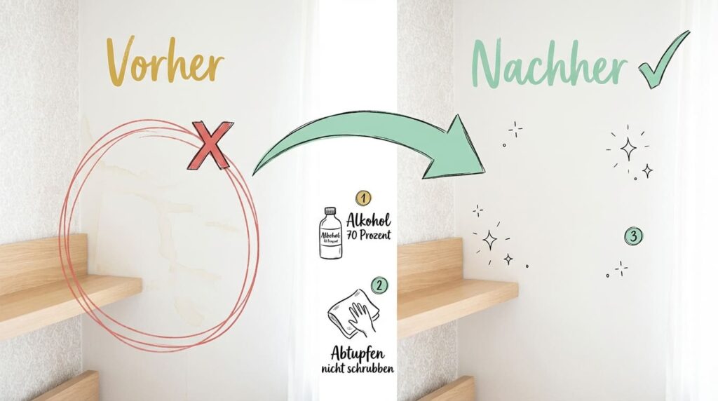 Stockflecken oder Schimmel an der Wand &ndash; Vorher-Nachher-Vergleich: Links Wand mit Stockflecken zwischen Holzregalen (rotes X), rechts saubere Wand nach Behandlung (gr&uuml;ner Haken). Zwei Schritte: (1) Alkohol 70 % auftragen, (2) Abtupfen, nicht schrubben.