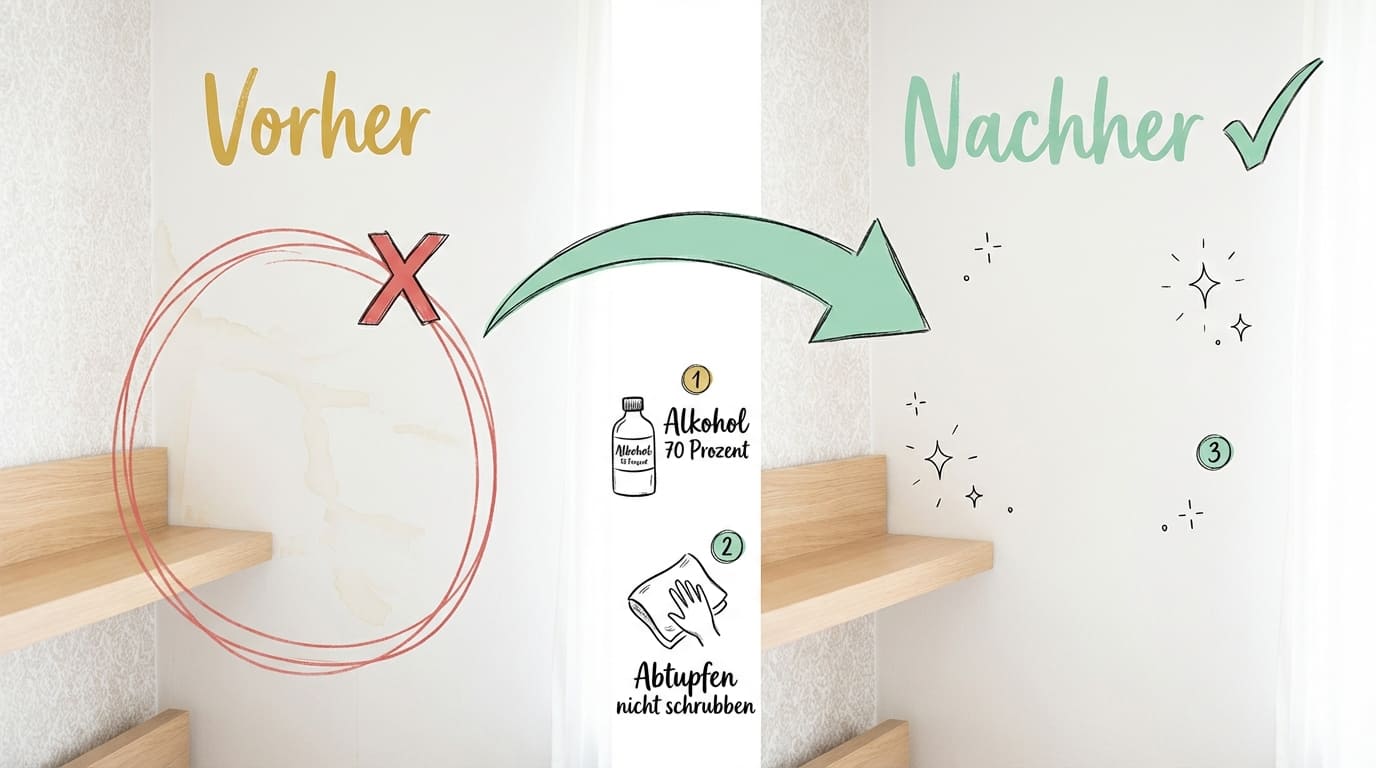 Stockflecken oder Schimmel an der Wand – Vorher-Nachher-Vergleich: Links Wand mit Stockflecken zwischen Holzregalen (rotes X), rechts saubere Wand nach Behandlung (grüner Haken). Zwei Schritte: (1) Alkohol 70 % auftragen, (2) Abtupfen, nicht schrubben.