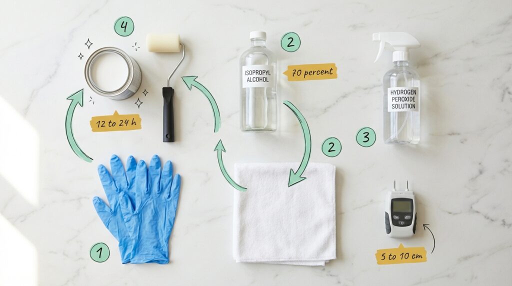 Stockflecken an der Wand mit Alkohol vorbehandeln – Flat-Lay der benötigten Mittel: (1) Schutzhandschuhe, (2) Isopropylalkohol 70 % mit weißem Tuch, (3) Wasserstoffperoxid-Sprühflasche, (4) Sperrgrund-Dose mit Schaumrolle und 12–24 Stunden Trockenzeit. Feuchtemessgerät für 5–10 cm Wandtiefe.