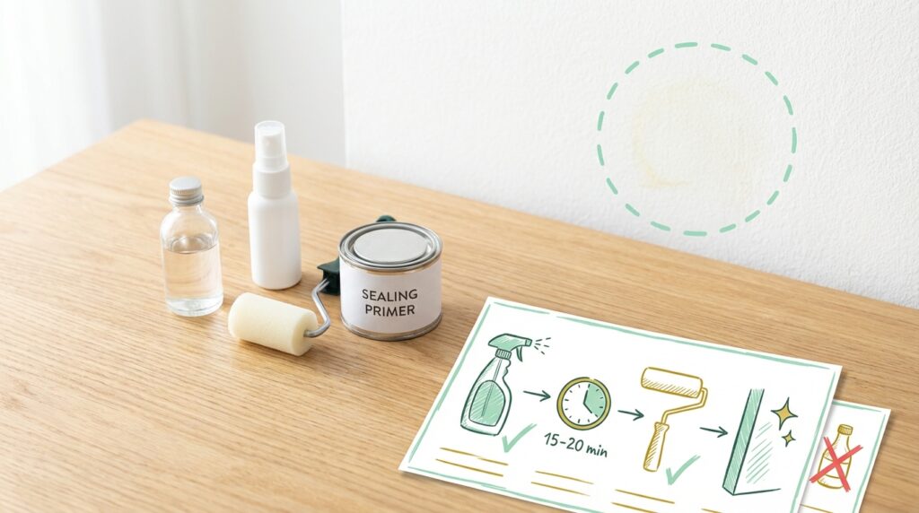 Stockflecken mit Isolierfarbe überstreichen – Sperrgrund-Dose, Sprühflasche, Schaumrolle und Alkoholflasche auf Holztisch vor Wand mit markiertem Stockfleck. Illustrierte Anleitung zeigt die Schritte: Aufsprühen, 15–20 Minuten warten, mit Rolle überstreichen.